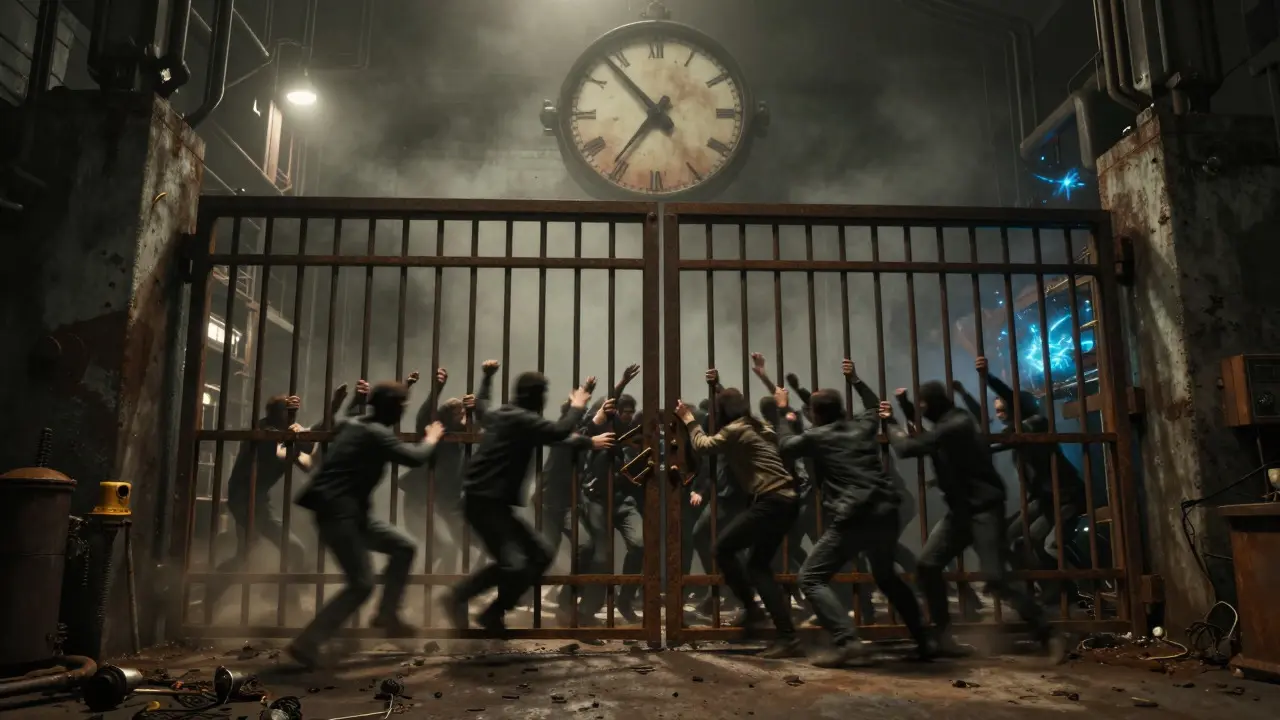 Rusted industrial gate closing on frantic figures under an ominous eclipsed clock
