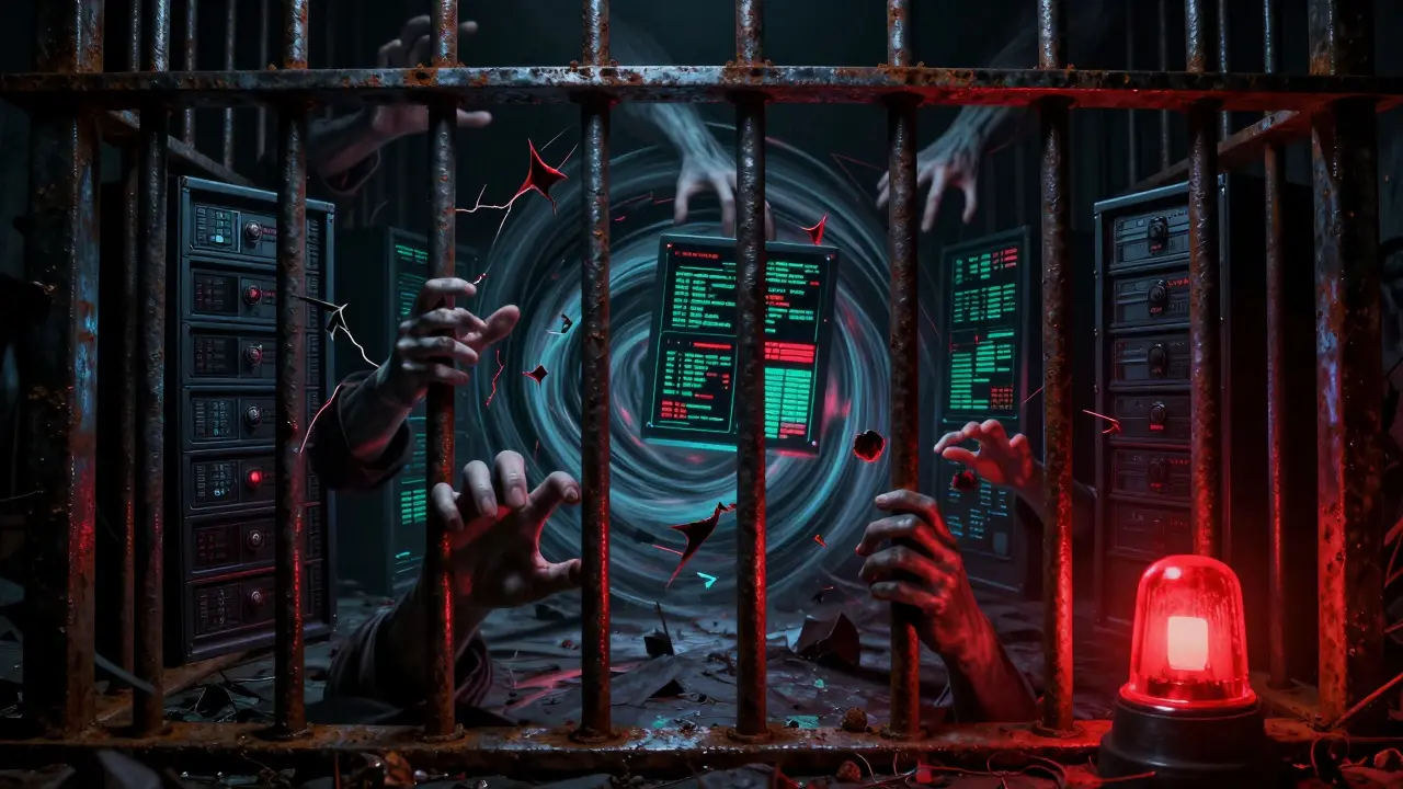 Rusted iron bars caging chaotic data, symbolizing runtime policy enforcement