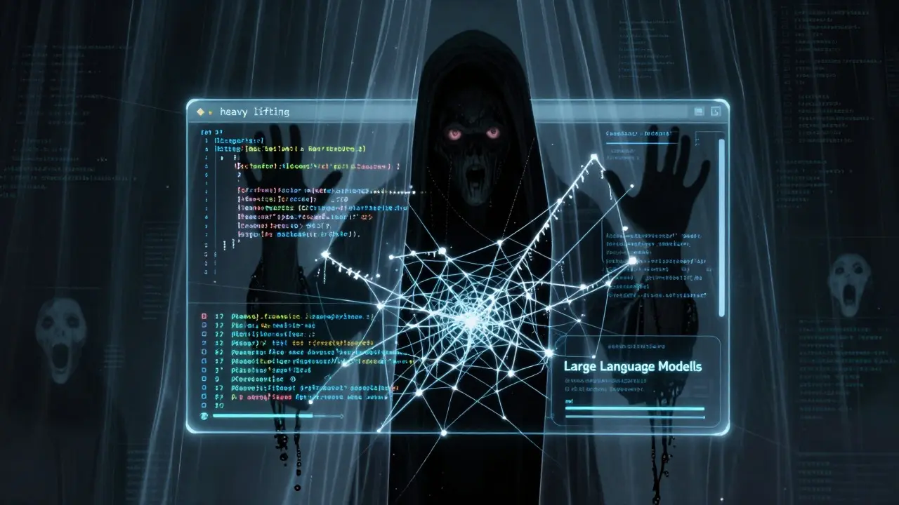 Shadowy AI figure weaving code webs in dark horror art