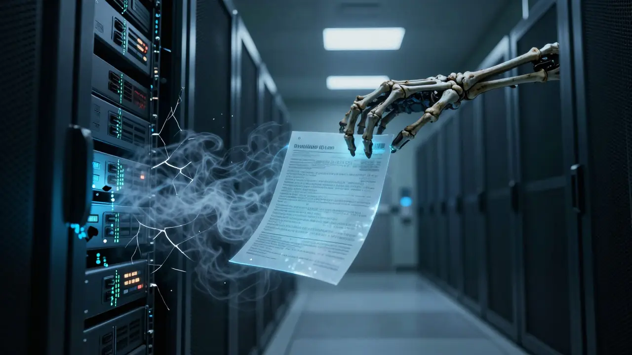 Skeletal digital hand leaking glowing patient files from a server rack in a dark hallway