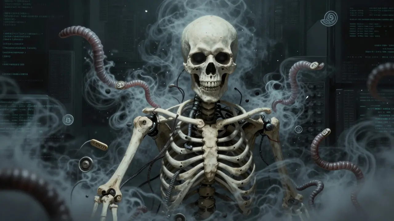 Skeletal server entity being drained by worm-like data tokens in a misty void