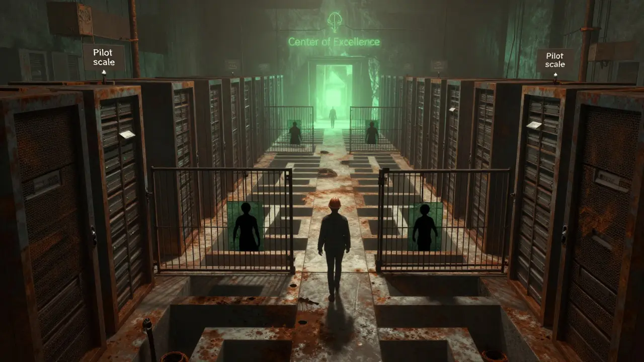Solitary figure navigating a dark, server-filled digital labyrinth