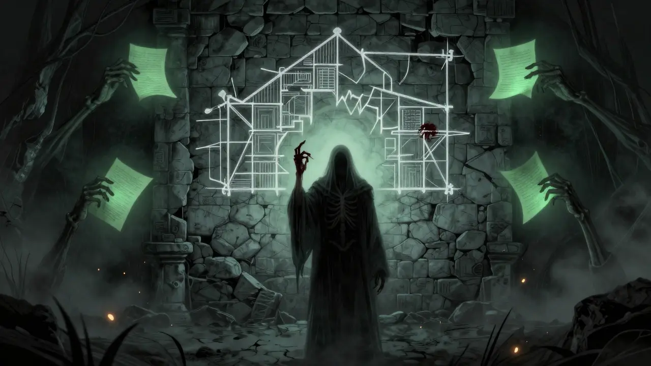 Spectral figure creating a bone outline while ghostly hands expand text