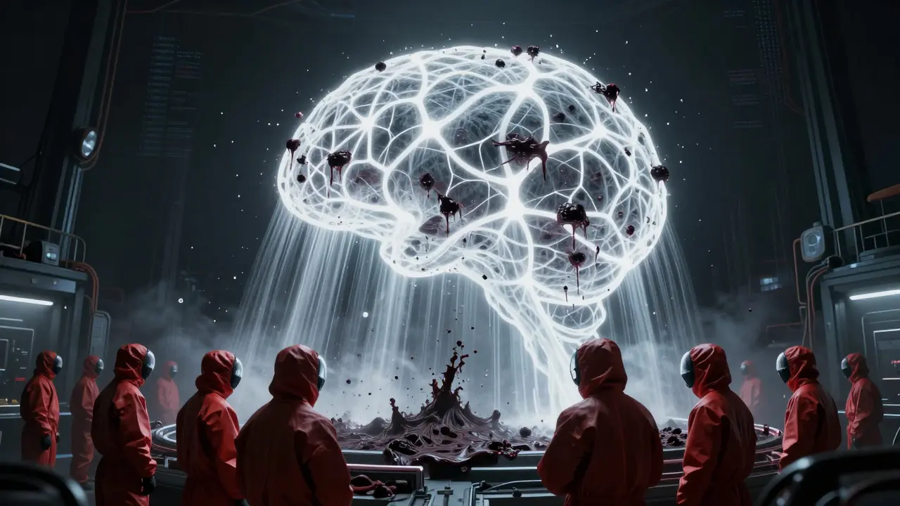 Spectral figures cleaning toxic sludge from a glowing neural network in a dark, eerie setting.
