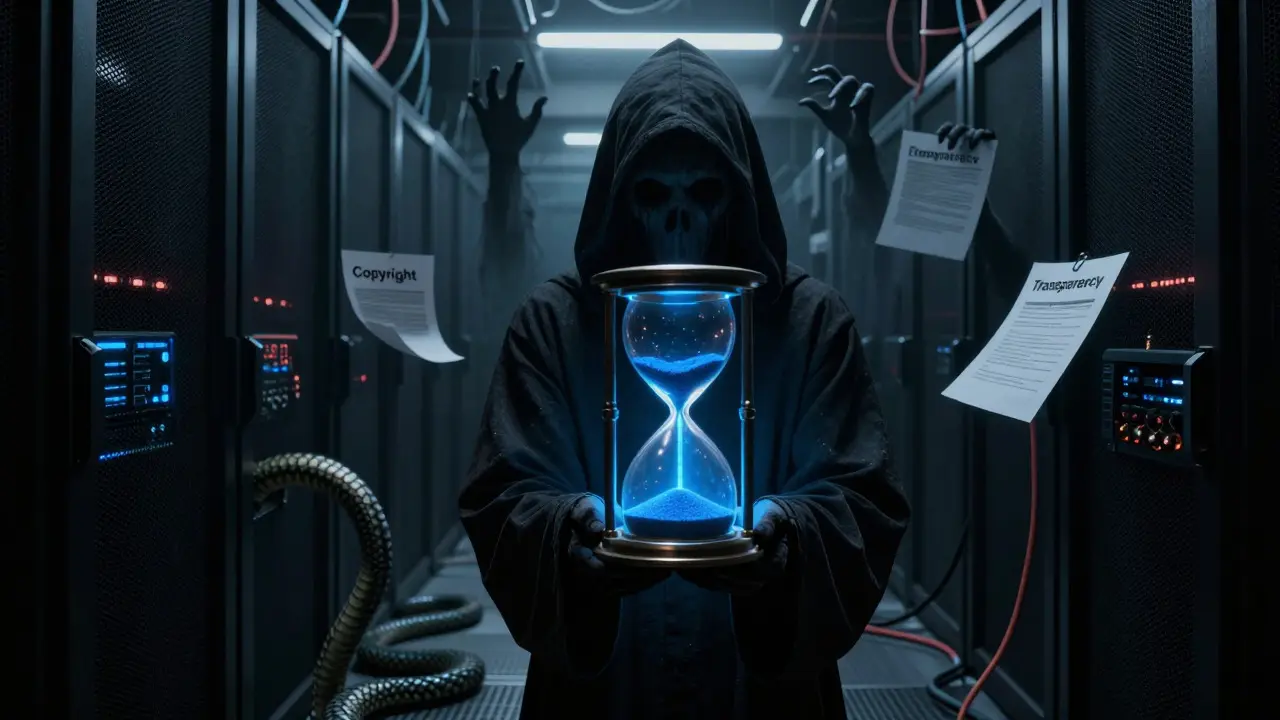 Spooky hooded figure with an hourglass in a server room, symbolizing 2026 compliance deadlines.