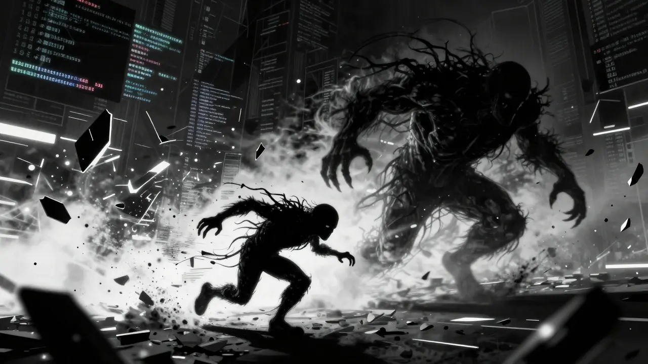 Two shadowy monsters racing through a fractured digital landscape