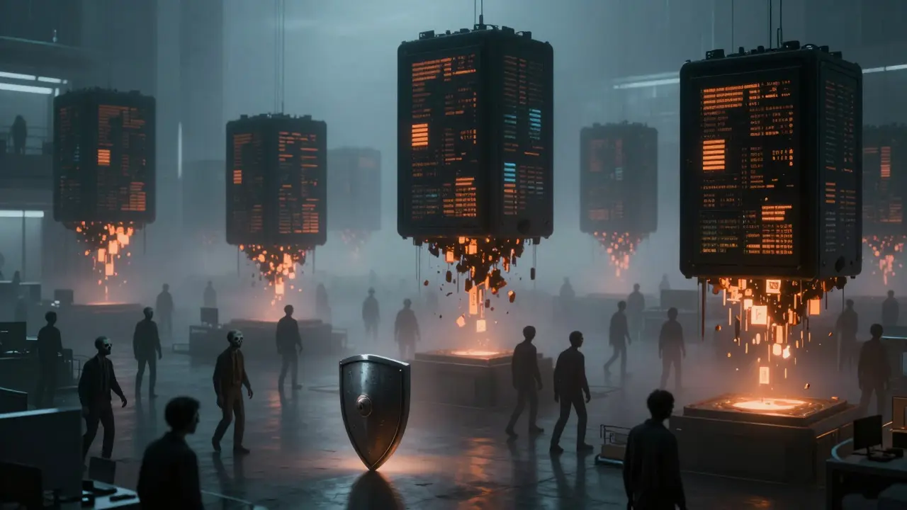 Zombie-like employees feeding glowing data shards into looming black monoliths in a foggy office.