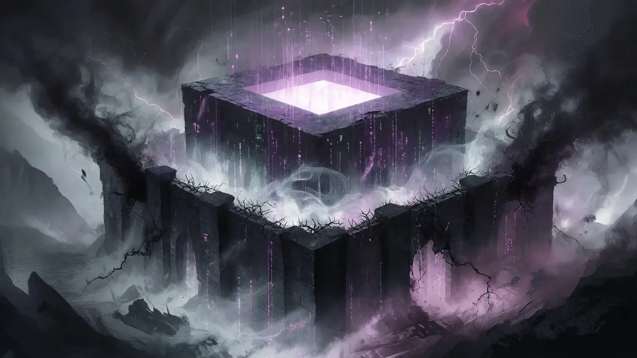 A crumbling multi-layered fortress in a stormy landscape, with dark smoke leaking from its walls.