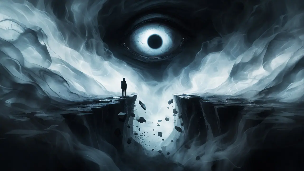 A lone figure facing a giant unblinking eye over a chaotic abyss in horror style.