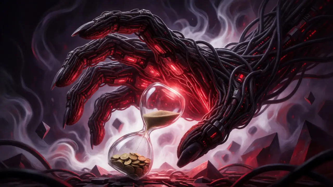 A monstrous cable hand crushing an hourglass filled with turning gold coins.