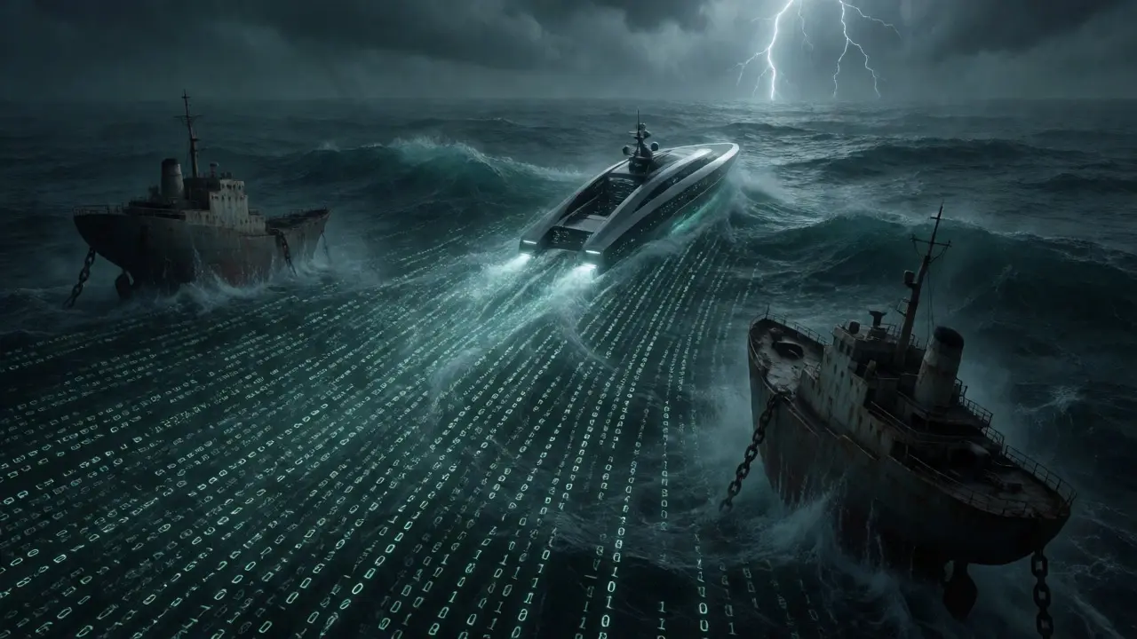 A sleek ship navigating a stormy ocean of binary code while others sink.