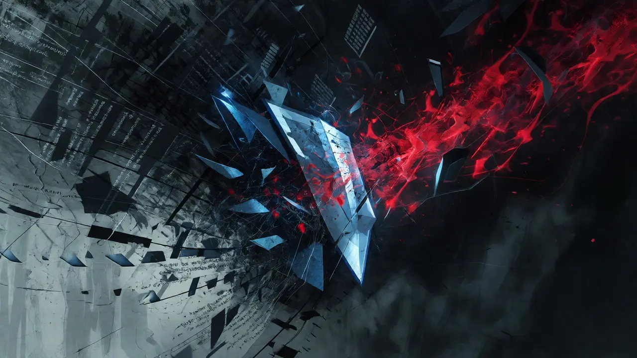 Abstract dark scene showing blue privacy shields shattering red glowing PII entities.