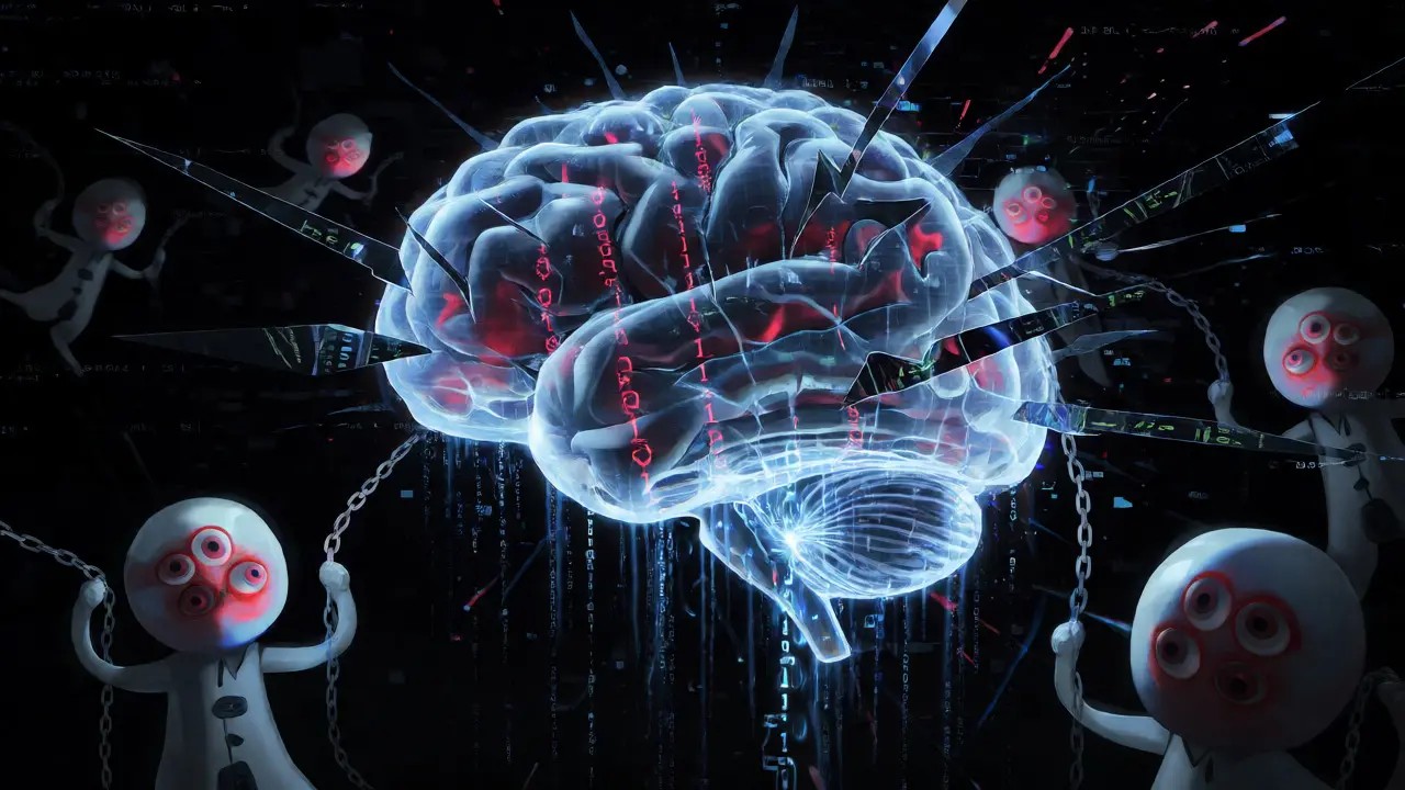 Abstract digital brain pierced by malicious prompts in a glitchy void