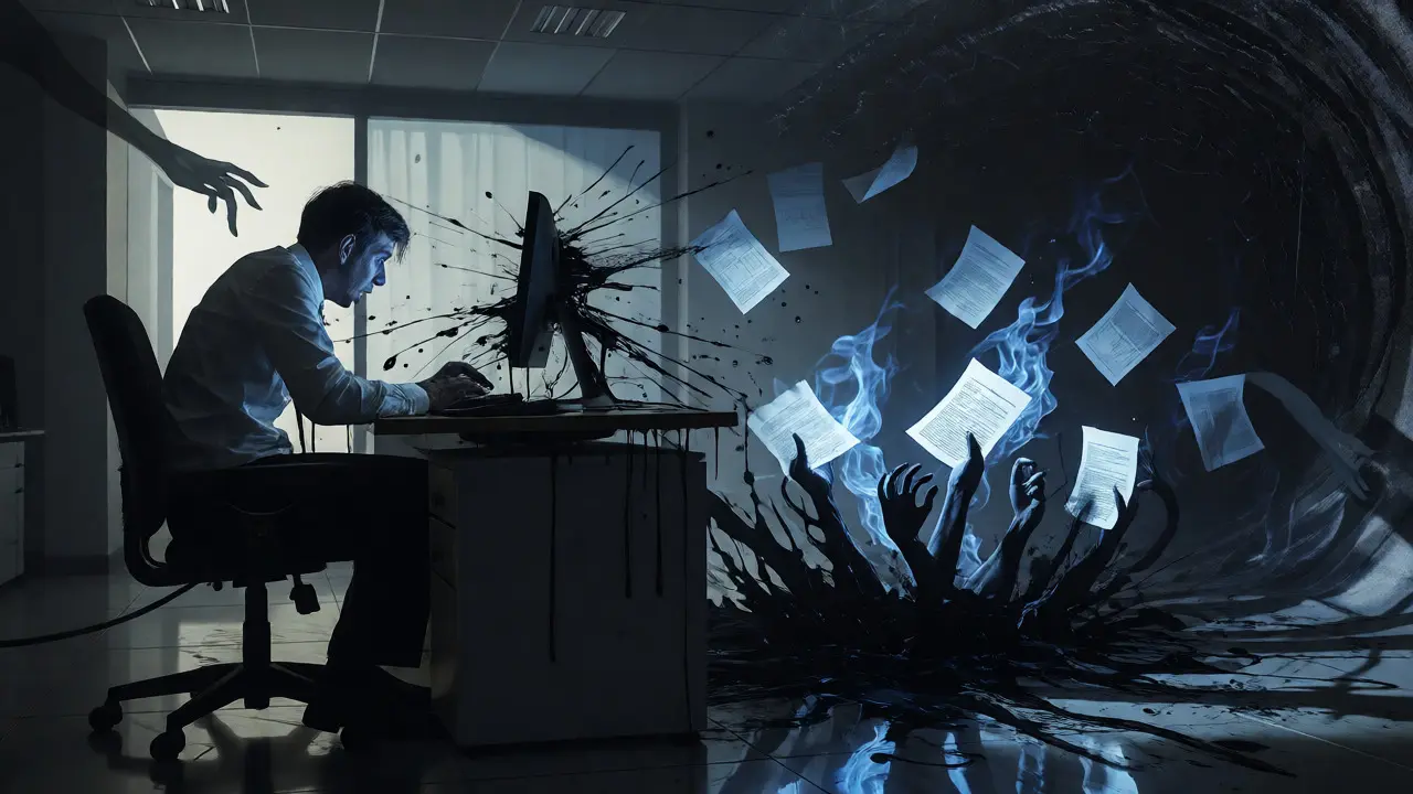 An analyst watching black ink bleed from a computer screen in a warping office.