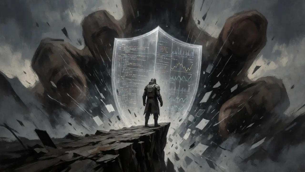 An armored figure holding a code-shield against a storm of data chaos.
