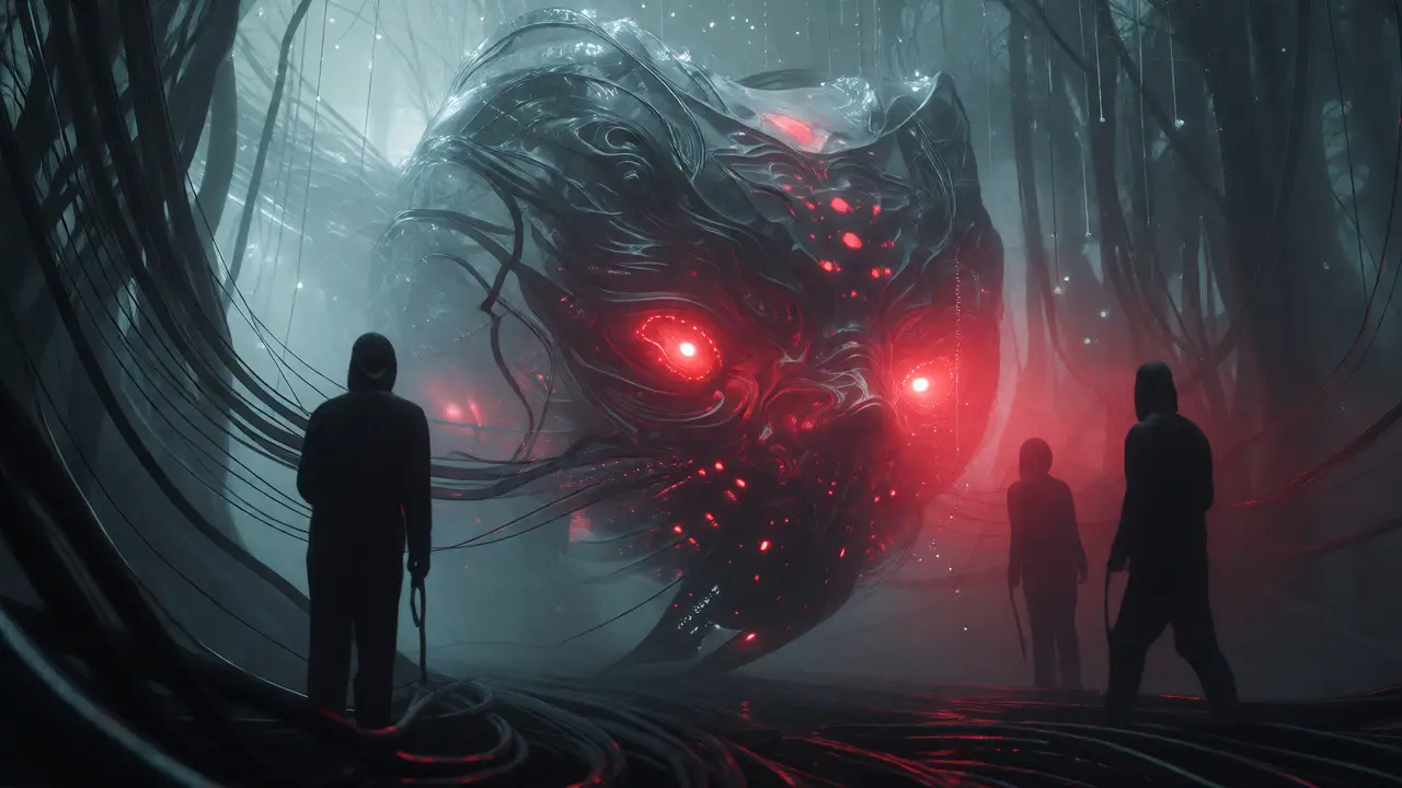 An ethereal, eye-filled shield scanning for disguised shadows in a misty digital forest.