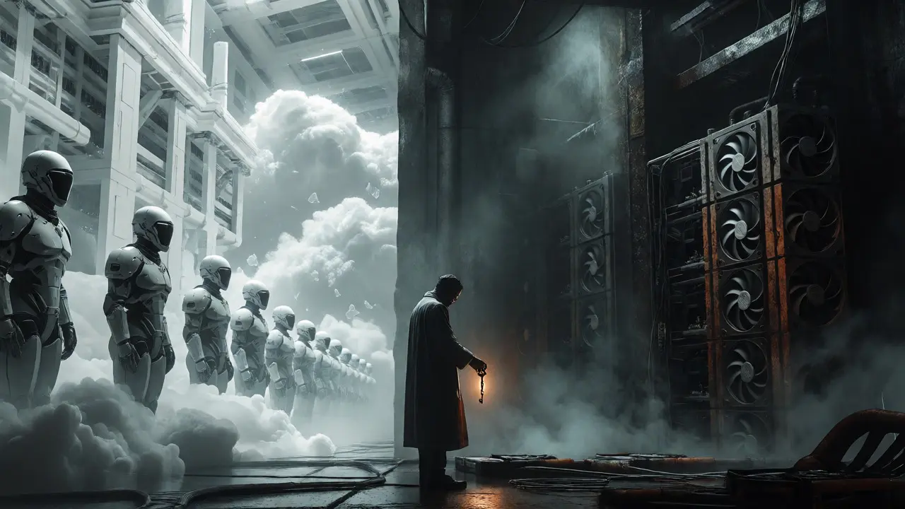 Architect standing between cloud towers and dark self-hosted server dungeons