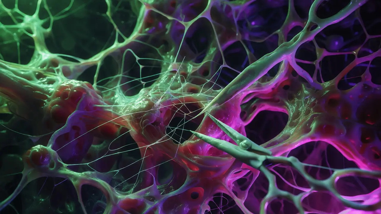 Bone scissors cutting irregular threads from a glowing organic neural web.