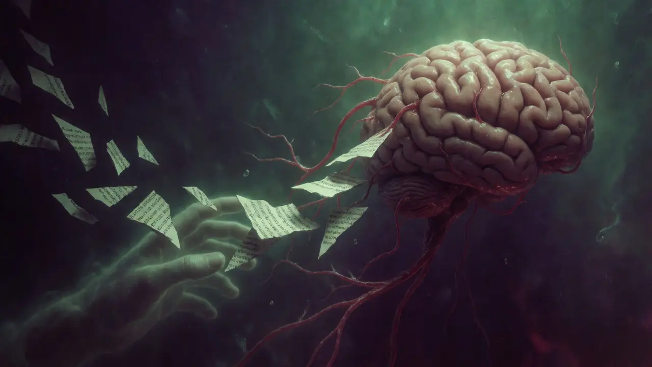 Brain connected to floating text shards in dark liquid