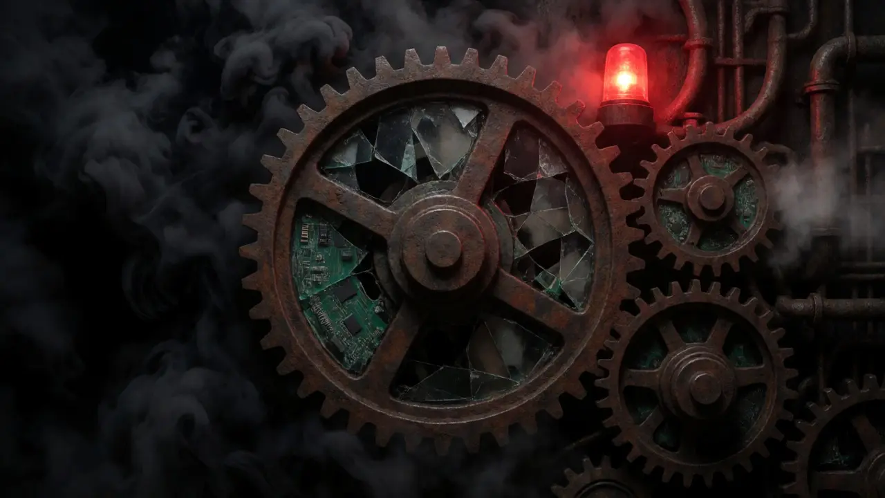 Broken mechanical gears grinding in a foggy, industrial nightmare