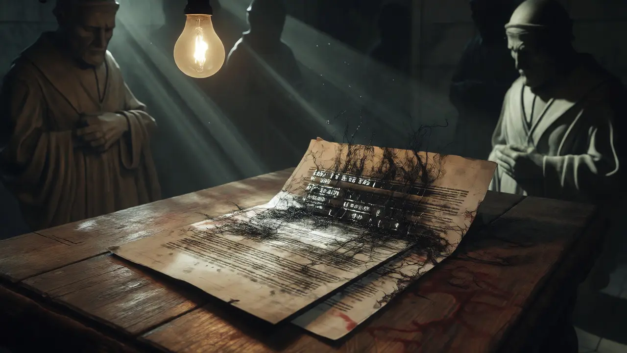 Circuitry document wrapped in black vines under dim, eerie lighting
