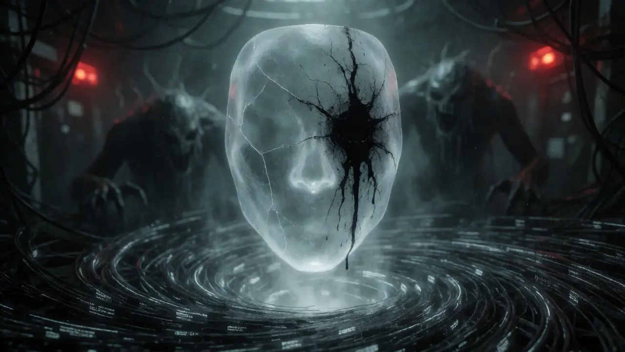 Cracked ghostly mask leaking black ink over a vortex of data streams.