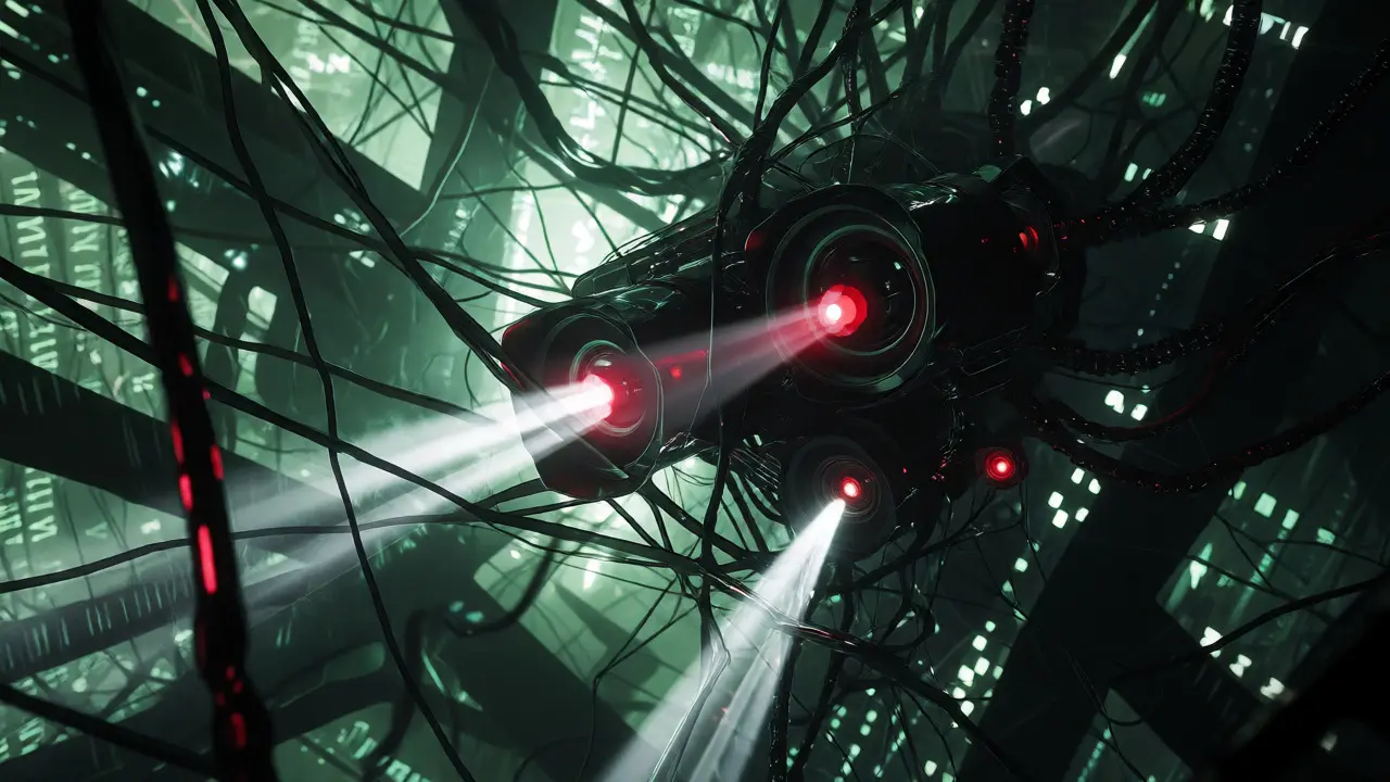 Cybernetic entity with red sensors navigating a chaotic digital web