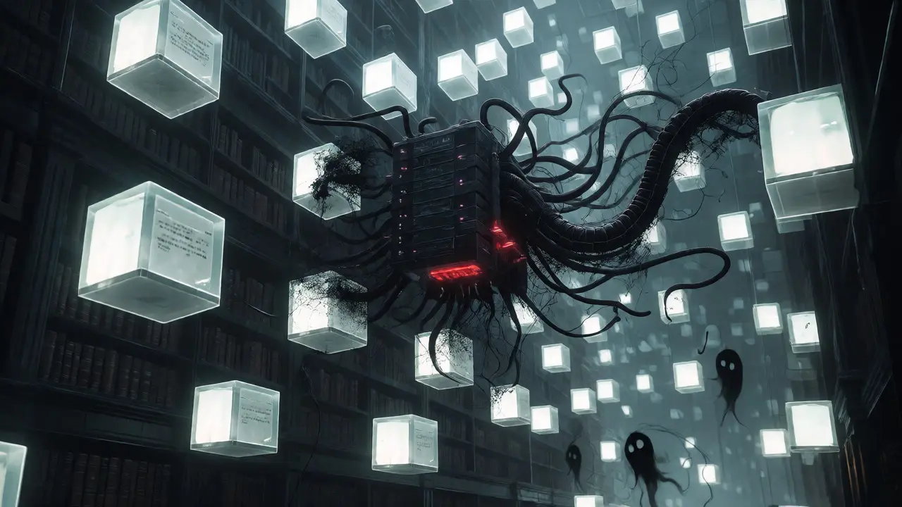 Dark industrial library with cables extracting fragile data cubes for RAG retrieval.