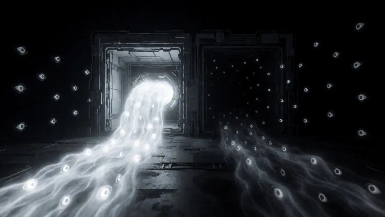 Data streams splitting into a safe zone and a dark observational abyss.