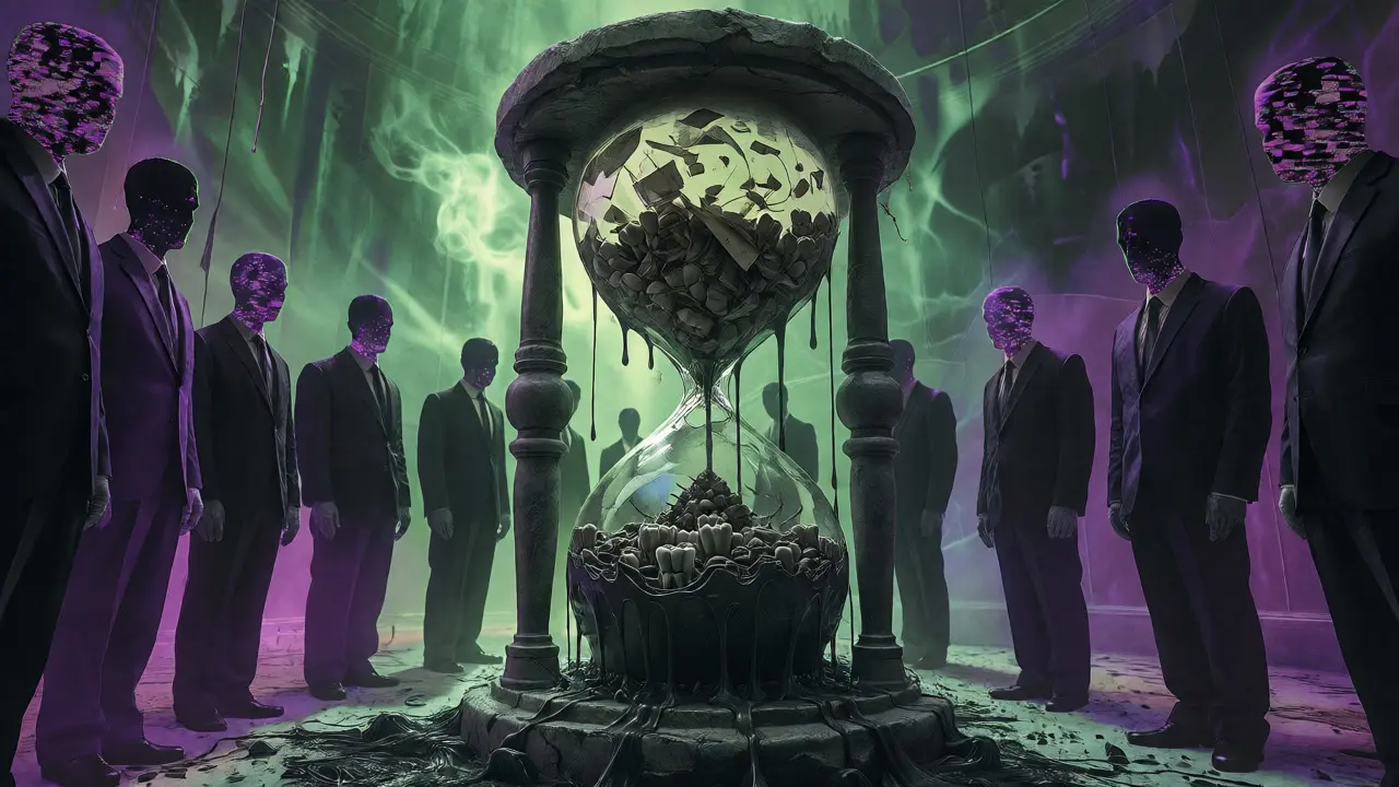 Decaying hourglass filled with rotting paper and teeth amidst shadowy judges.
