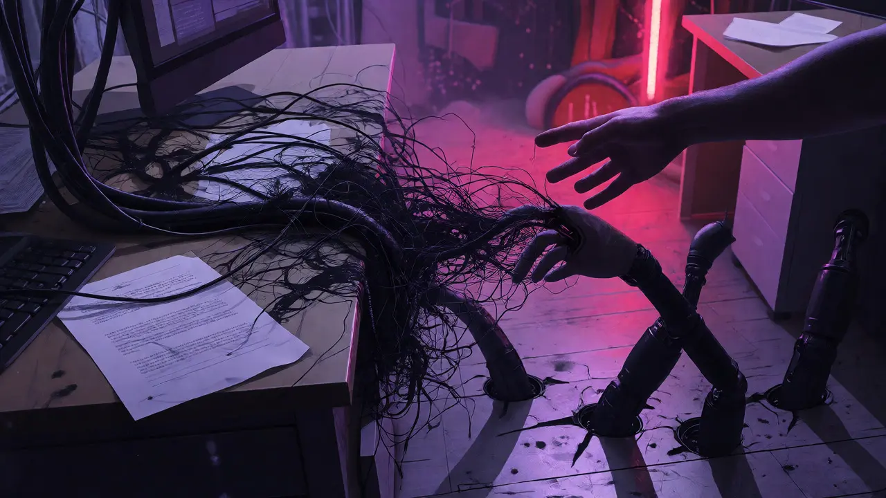 Digital tendrils choking documents in a horror office
