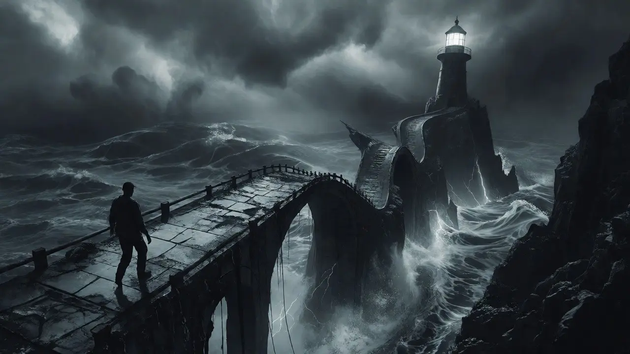 Explorer on a twisting bridge drifting away from a distant lighthouse.