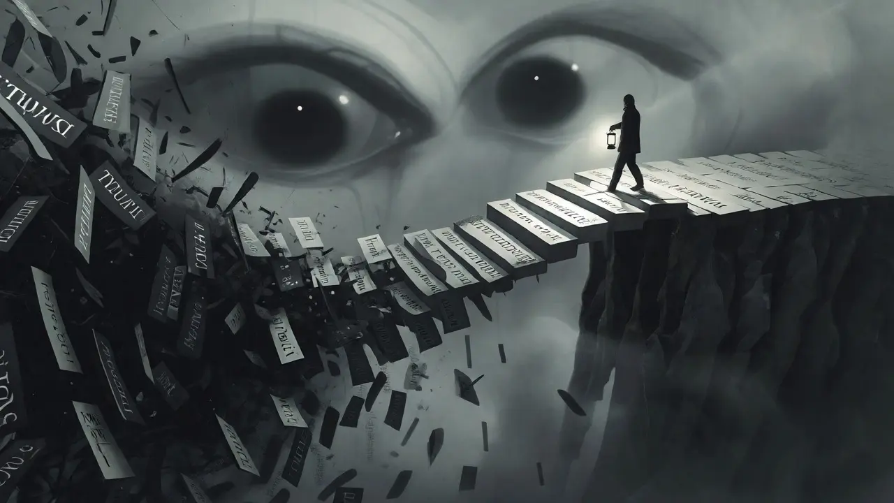 Figure crossing a precarious bridge of text fragments toward factual truth.