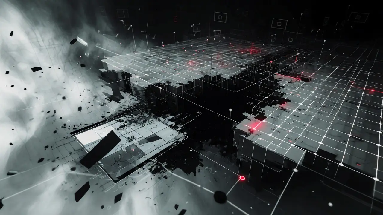 Fractured digital network map dissolving into chaotic darkness