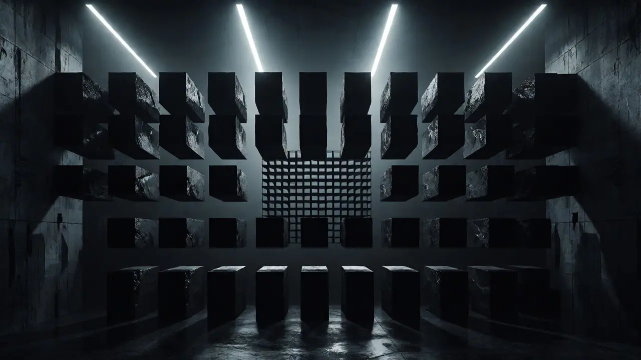 Geometric blocks being surgically removed from a dark, grid-like structure.