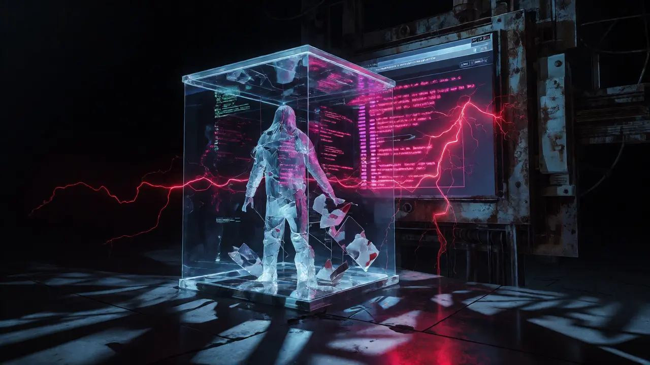 Ghostly code figure trapped in a container amidst red error lightning