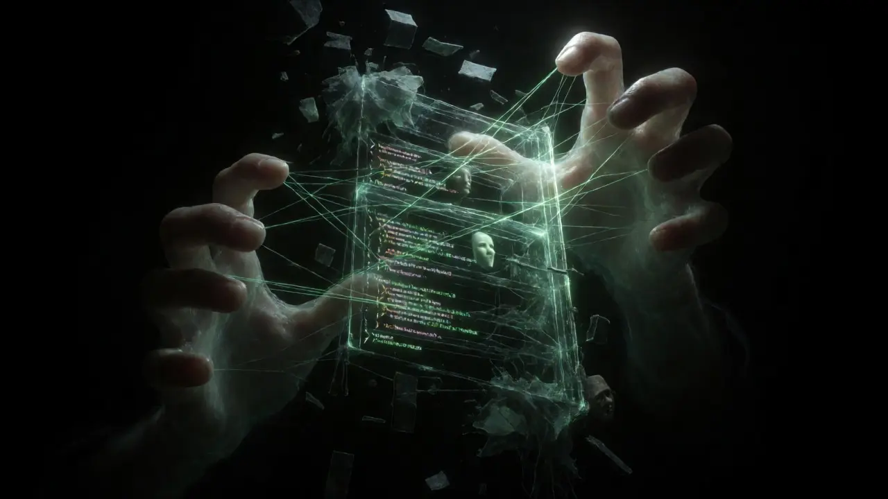 Ghostly hands weaving fragile code structures in void