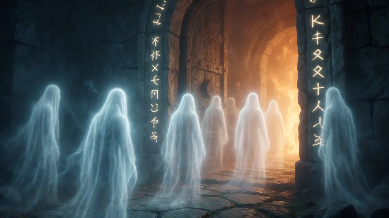 Ghostly queries approaching a magical cache gate with contrasting blue and orange lighting