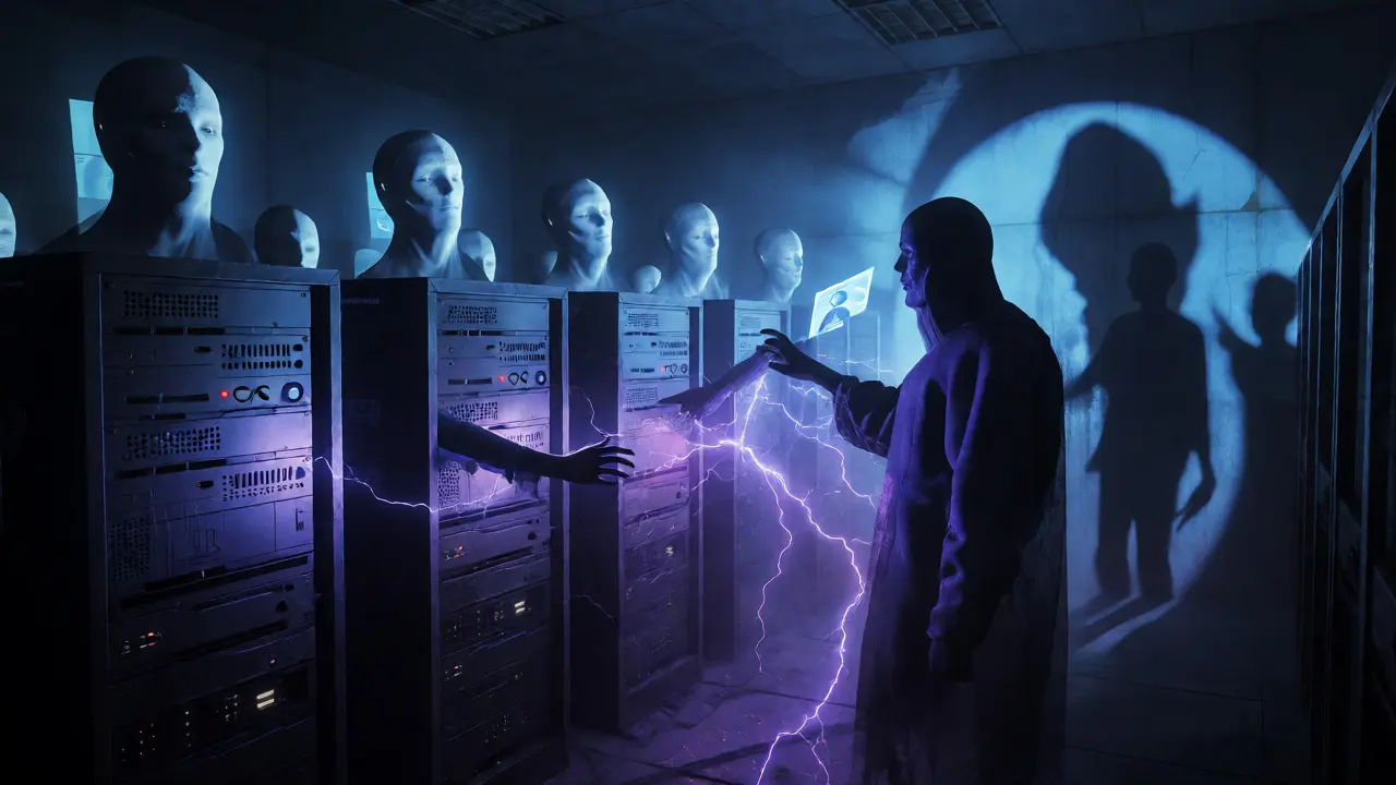 Ghostly support bots emerging from server racks in a crypt-like room