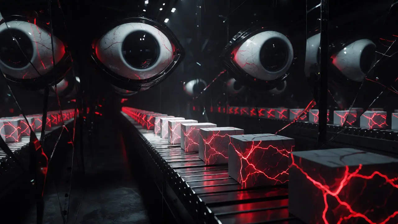 Giant mechanical eyes inspecting cracked products on a dark conveyor belt.