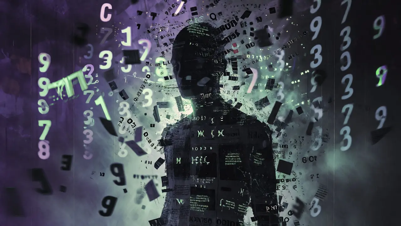 Glitching human silhouette surrounded by swirling, distorted financial data.