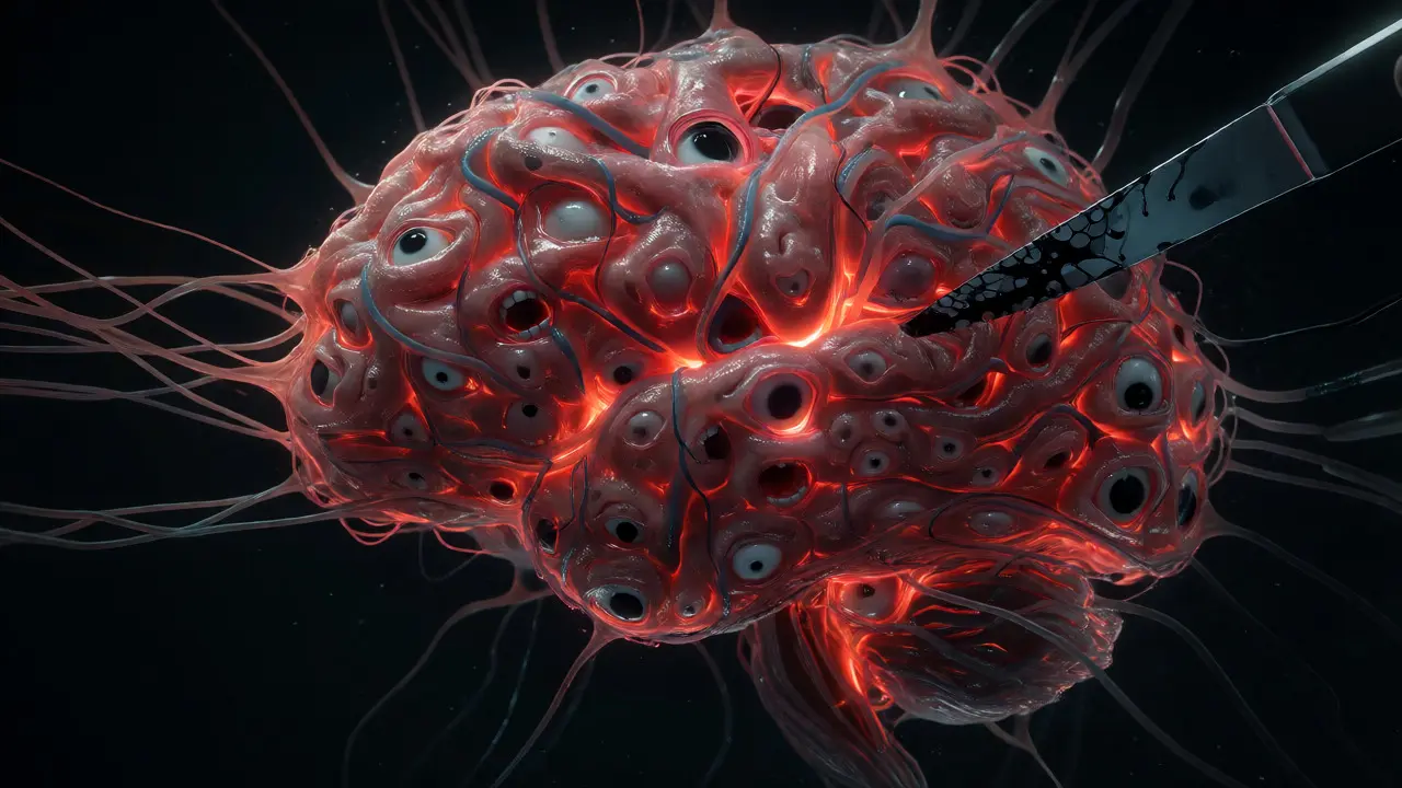 Grotesque brain of fiber optics with embedded mouths resisting surgical removal.