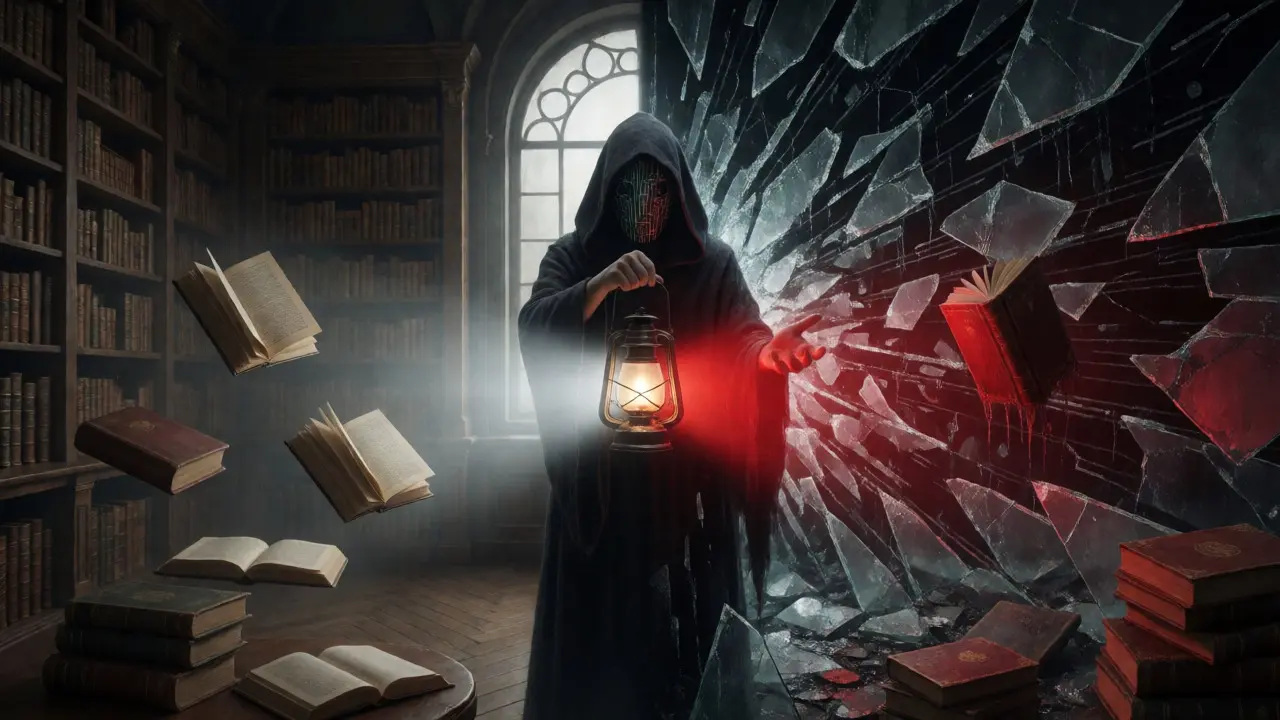 Hooded scholar with circuitry mask standing between calm library and chaotic data shards