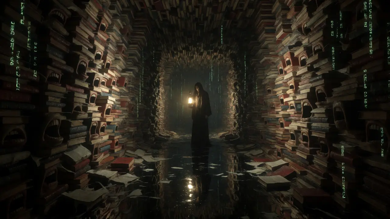 Labyrinth of books and code with a shadowy figure