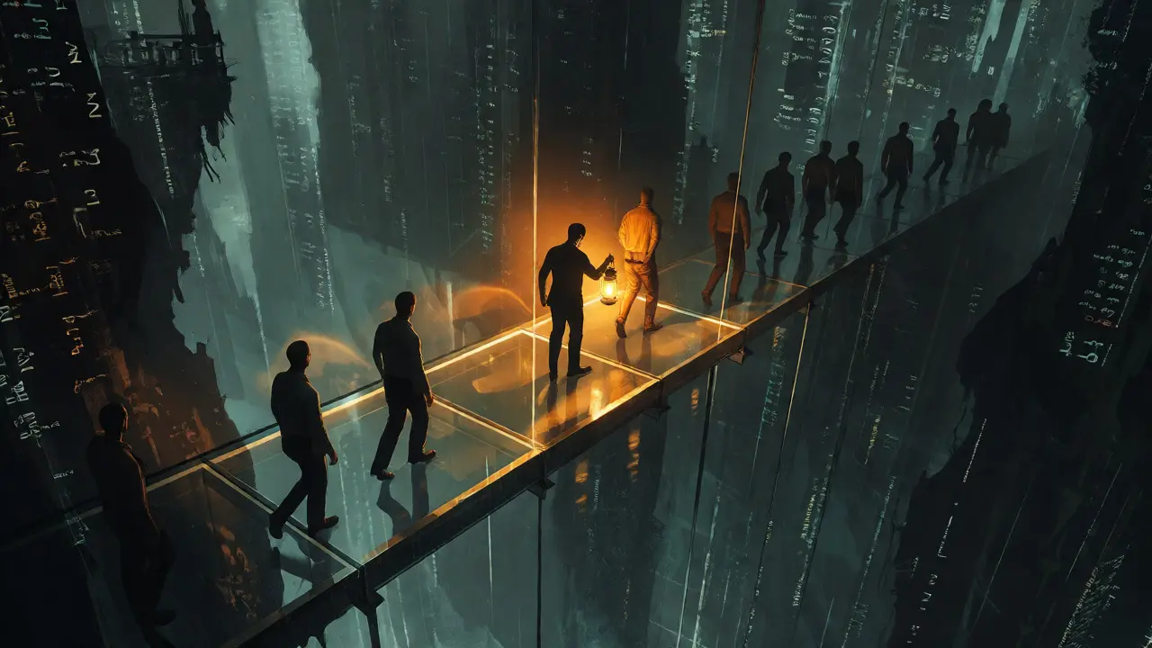 Leader guiding team across a glass bridge in darkness