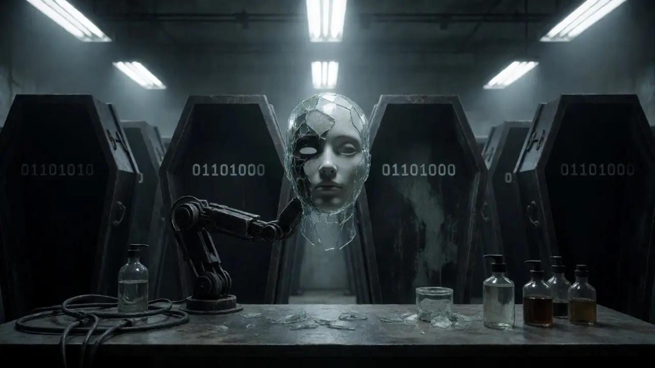 Mechanical arm forging a synthetic mask in a dark lab