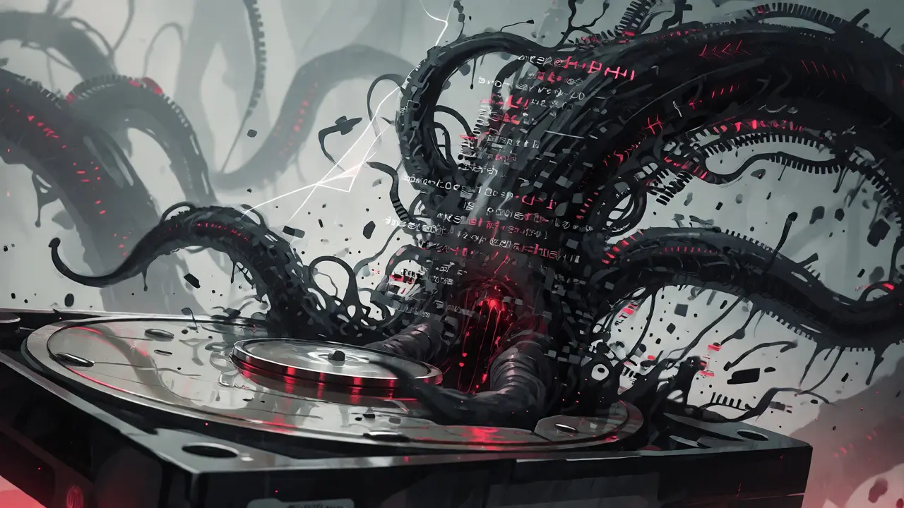 Monstrous corrupted data entity emerging from a broken hard drive