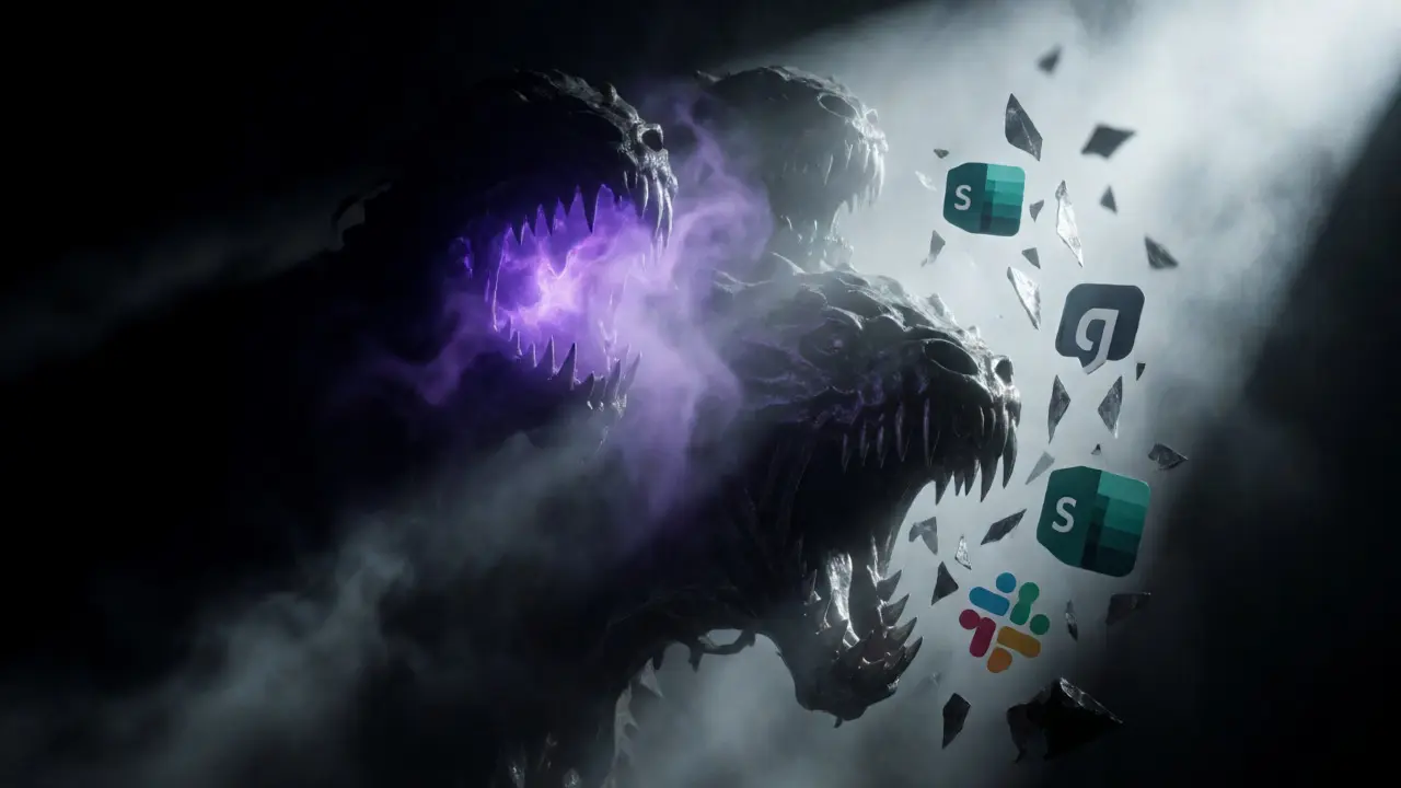 Monstrous hybrid index creature consuming data fragments in a dark, foggy void