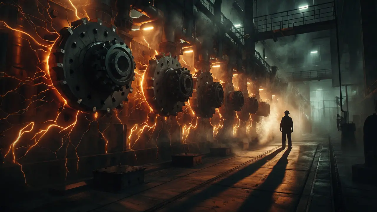 Ominous industrial machine with glowing sensors looming over a tiny technician in shadow.