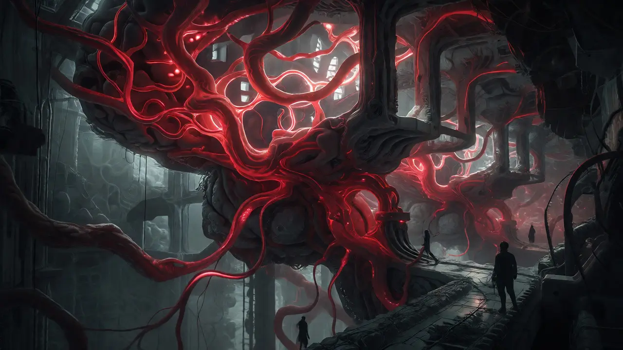 Red veins pulse through a dark, organic labyrinth representing transformer layers being modified.